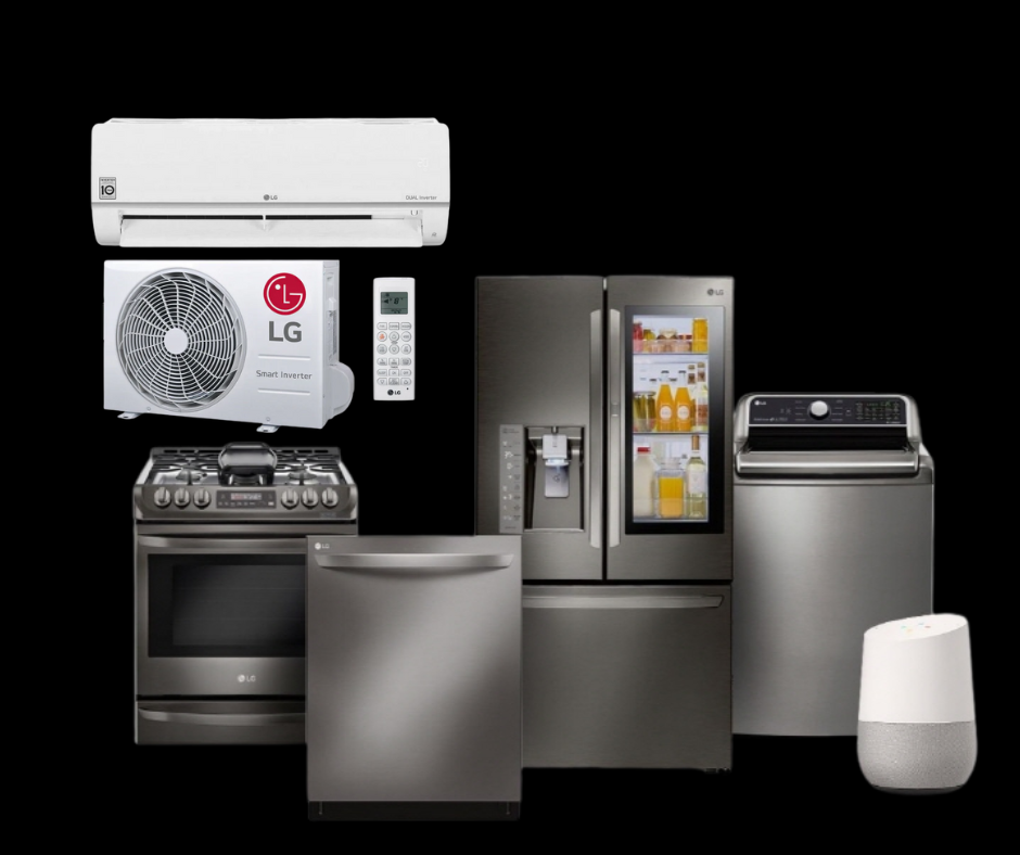 Fridge, freezer, washing machine, tumble dryer and aircon displayed together for appliance repair services in Durban